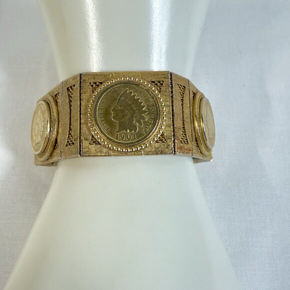 Vintage Gold Tone Wide Link Bracelet w/ Real Indian Head Pennies - 1890 to 1906 - Picture 1 of 8